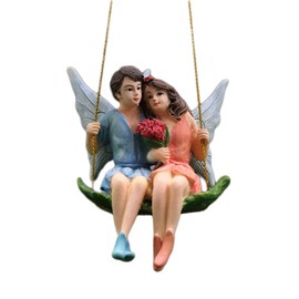 Mrisata Couple Fairy on a Swing Hanging Statue, Garden Flower Fairy Statue Garden Couple Fairy Figurine Fairy Girl and Boy Sitting on Swing Sculpture for Garden Hanging Decor Ornament (A)