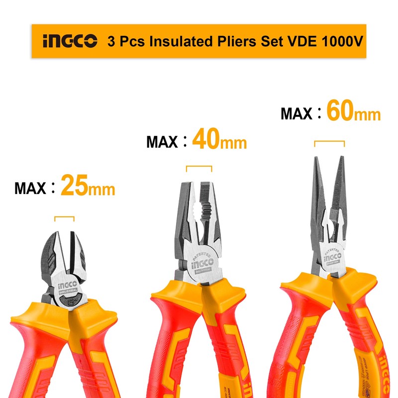 INGCO 3Pcs 1000V VDE Insulated Plier Set, 8" Insulated Combination