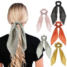 Ymapinc 5Pcs Floral Bowknot Hair Scarf Scrunchies, Elastic Soft Hair for Women, Vintage Boho Head Bands with Long Ribbon Bows for Ladies Ponytail Holder Tie Accessories