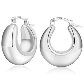PABBEU Chunky Silver Hoop Earrings for Women, Hypoallergenic 925 Sterling Silver Oval Hoop Earrings, Lightweight Sterling Silver Hoop Earrings for Women (25mm)