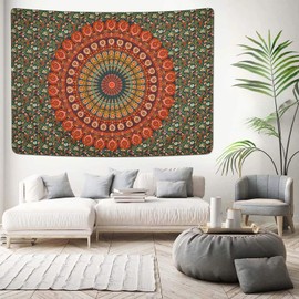 Lyacmy Bohemian Mandala Tapestry Hippie Tapestries Psychedelic Peacock Boho Tapestry Wall Hanging for Bedroom（Golden Green, 51.2 x 59.1 inches）