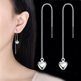 Threader Earrings for Women Girls Dainty Long Tassel Dangle Earrings Gold Silver Chain Earrings Birthday Party Wedding Jewelry Gifts (Silver heart)