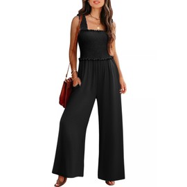 LUXVEER Women's Smocked Jumpsuits Casual Loose Sleeveless Wide Leg Long Pant Rompers Dressy One Piece Beach Vacation Outfits Black M