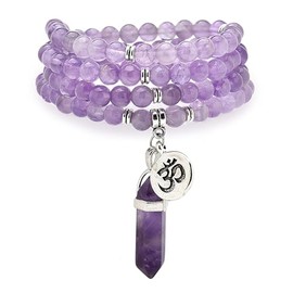 Natural Japa Mala 108 Beads Bracelet Necklace Meditation Accessories with om Chram and Reiki Quartz Hexagonal Prism Pendant (Amethyst)