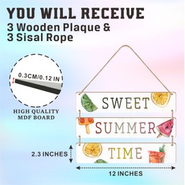 3 Pcs Summer Wooden Hang Tag - Sweet Summer Time - Watermelon Lemonade Ice Cream Sweet Sign Wall Art, Gift For Family, Friends & Colleagues, Office & Home Wall Wooden Plaque Decor - B03