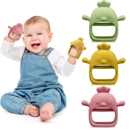 3 Pack Baby Teether Teething Toys for Babies 0-6 Months Baby Teething Toy Silicone Anti Dropping Infant Hand Teether Pacifiers Wrist Hand Chew Toys for Sucking Needs (Olive Green, Red, Yellow, Chick)