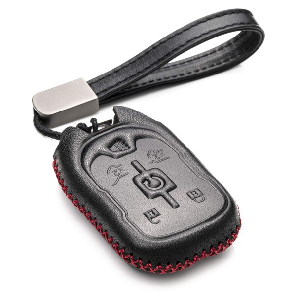 Vitodeco Genuine Leather Smart Key Fob Case Cover Protector Compatible with 2015 - 2021 GMC Yukon, Yukon XL, Yukon Denali (6-Button, Black/Red)
