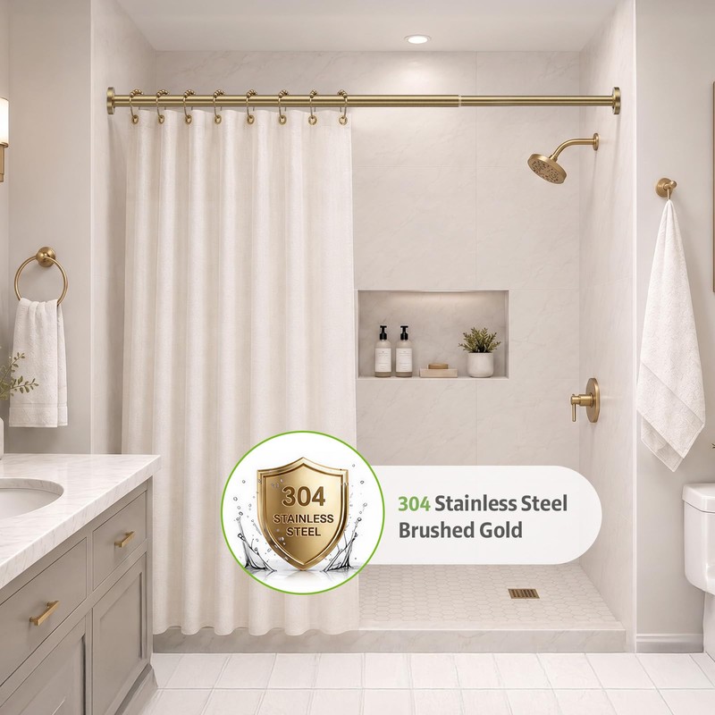 One-Piece Tension Curtain Rod 54-90 inch Brushed Gold Shower Curtain