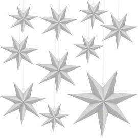 Haconba 10 Pack Christmas 3D Paper Stars 7 Pointed White Hanging Paper Star Lanterns Lampshade for Christmas Wedding Birthday Party Home Decorations, 4 Size