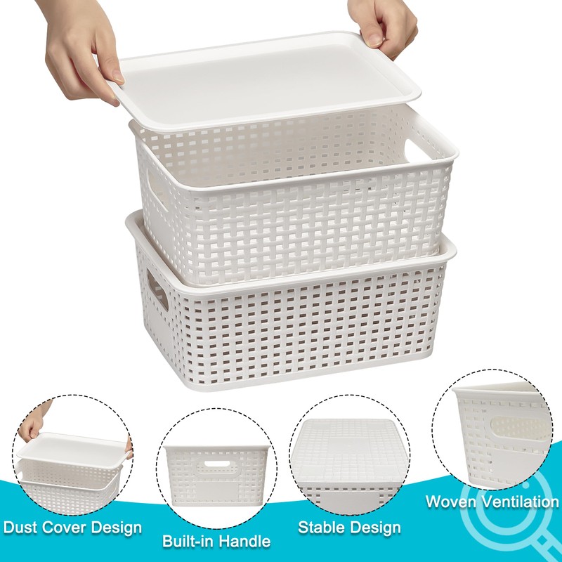 4 Pack Plastic Storage Baskets with Lids and Handles, Stackable