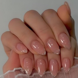 Press on Nails Short Almond Fake Nails with Glitter French Tip Designs Glossy Nails Press ons Nude Acrylic Nails Full Cover Glue on Nails Cute False Nails Artificial Stick on Nails for Women 24Pcs