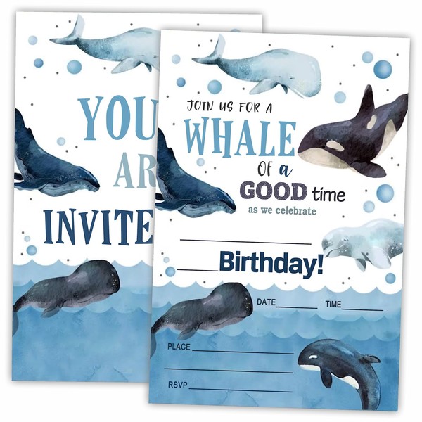 AWSICE Whale Theme Birthday Invitations, Ocean Theme Double-Sided Fill-In Invite Cards For Birthday Party，Boys, Girls, Kids,Teen, 20 Invitations With Envelopes, Decorations,Party Favor And Supply-A14