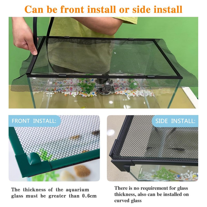 Magnetic Fish Tank Cover with Feeding Window Green Frame Grey