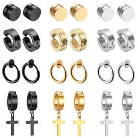 OIDEA Men's Women's Earrings Set: Hoop Earrings Magnetic Earrings Stainless Steel in Gold Black Silver Round Cross Pendant Stud Earrings Punk Rock Fake Ear Clip Earrings Gift for Unisex, Stainless
