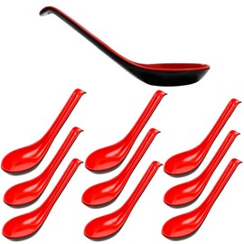 10Pcs Asian Plain Style Soup Spoons,Long Handle Hook Flatware,Chinese Wonton Soup Spoons,Japanese Miso Ramen Spoon, Pho Dumpling Rice Noodle Soba Spoon-Red and Black