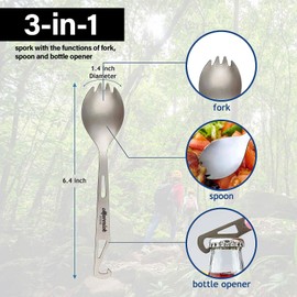 Maverick Cycles Titanium 3 in 1 Ti Spork, Spoon, Fork and Bottle Opener Combo, Camping Utensil Outdoor Hiking Backpacking Picnic, Small, Matte Silver
