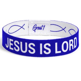 Great 1 JESUS IS LORD Ichthys Symbol/Jesus Fish Bracelet - Inspirational Religious Christian Reversible Stretch Wristband (Blue, Medium)