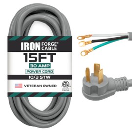 Iron Forge Cable 3 Prong Dryer Extension Cord 15 Ft, 220V Extension Cord NEMA 10-30 Plug STW, 10/3 Long Dryer Cable 3 Prong Flat Head, 30 Amp Power Cord 3 Wire 15 Foot - Gray, US Veteran Owned Brand