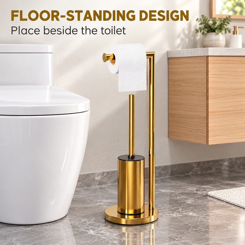 Freestanding Toilet Paper Holder with Toilet Brush and Holder, Metal