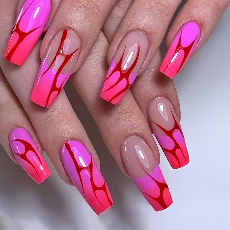 Uñas postizas acrílicas largas de acrílico rosa fucsia elegantes con