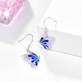Butterfly Drop Earrings, 925 Sterling Silver Hypoallergenic Dangly Earring for Sensitive Ears Jewelry Mother Day for Women Girlfriend Butterflies Lovers with Box (Blue)