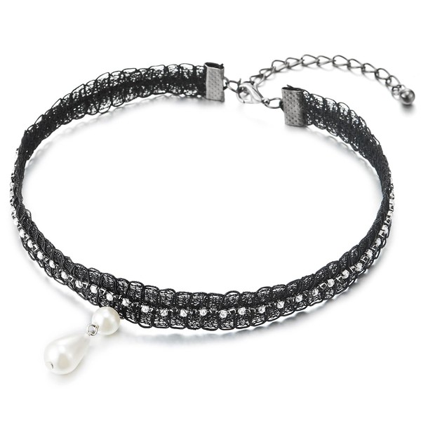 Womens Black Rhinestones and Pearls Choker Necklace with Charm Pendant