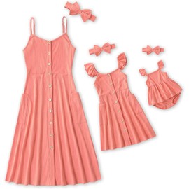 IFFEI Mommy and Me Dresses Matching Set Solid Front Button Family Matching Sleeveless Dresses with Headband and Pockets 9-12M Cora
