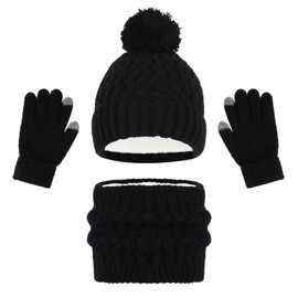 3 Pieces Kids Winter Hat Gloves Scarf Set, Kids Knit Thick Scarf Warm Knitted Beanie Hat Scarf Set Thermal Soft Thick Scarf Hat Snow Gloves Set for Girls Boys Children 1-6 Year Old (Black)