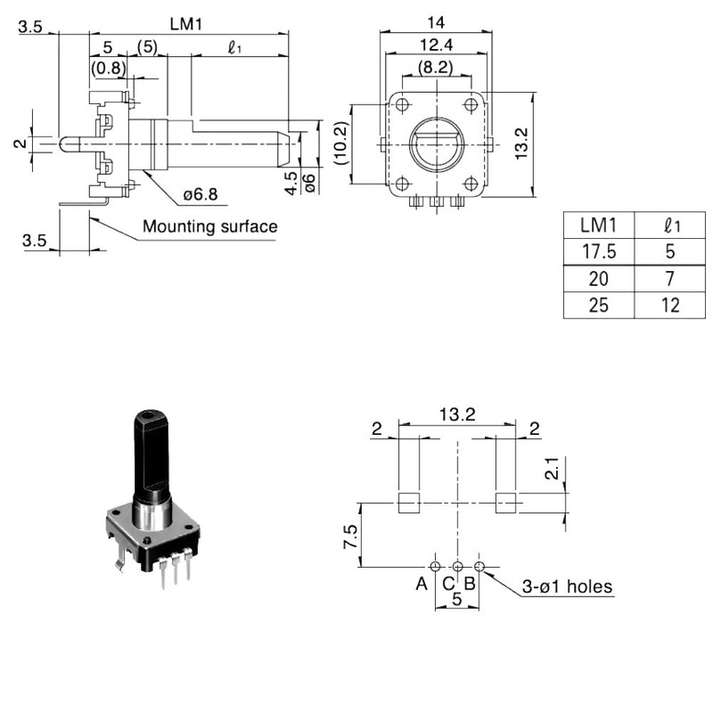 ALPS EC12E1220405 12mm 12 Pulse Plastic Axis 6x15mm Stand-Up Encoder