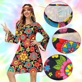 Matreeglam Hippie Costume Set for women, 60s 70s Fancy Dress, Hippie Ladies Dress, Retro Hippie Accessories with Headband for Carnival Theme Party (Black, L)