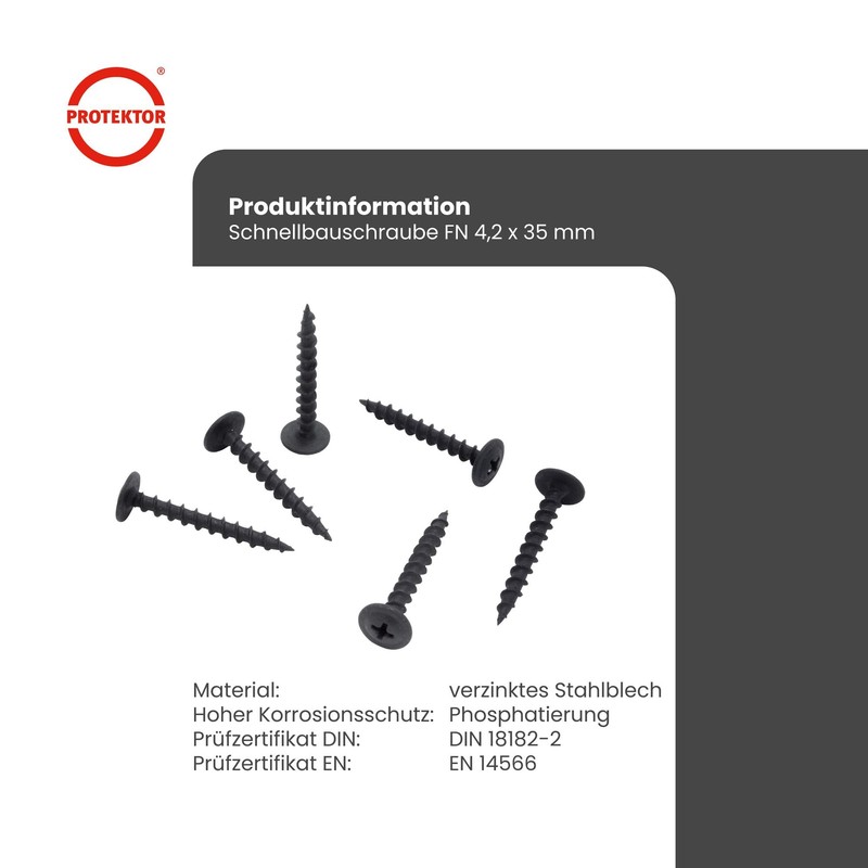 PROTEKTOR 200 x Drywall Screws Fine Thread Plasterboard Screws DIN18182-2,