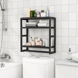 Galood Bathroom Storage Shelves Organizer Adjustable 3 Tiers, Over The Toilet Storage Floating Shelves for Wall Mounted with Hanging Rod (Black)