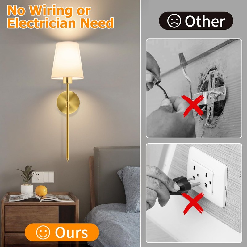Battery Operated Wall Sconces Set of 2, Gold Rechargeable Wall