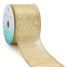 CT CRAFT LLC Light Gold Metallic Wired Ribbon 2.5 inch x 10 Yards for Christmas Home Decor Tree Topper Bow Gift Wrapping DIY Crafts Wreath Garland Wedding