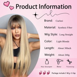 Blonde Wig With Bangs Long Straight Wig Blonde Wigs for Women 30 Inch Ombre Wig Dirty Blonde Wig Natural Hair Wig Cosplay Synthetic Wig Heat Resistant Fiber Hair Replacement Wigs for Daily Party Use