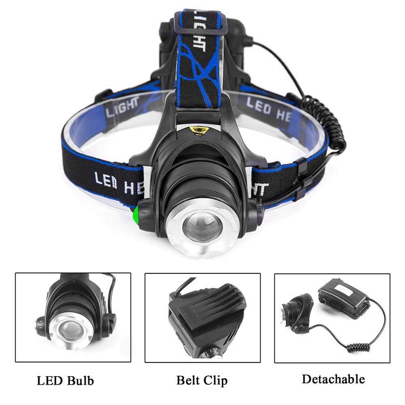 GaiGaiMall Blue LED Headlamp Flashlight Water Resistant Zoomable 3 Modes