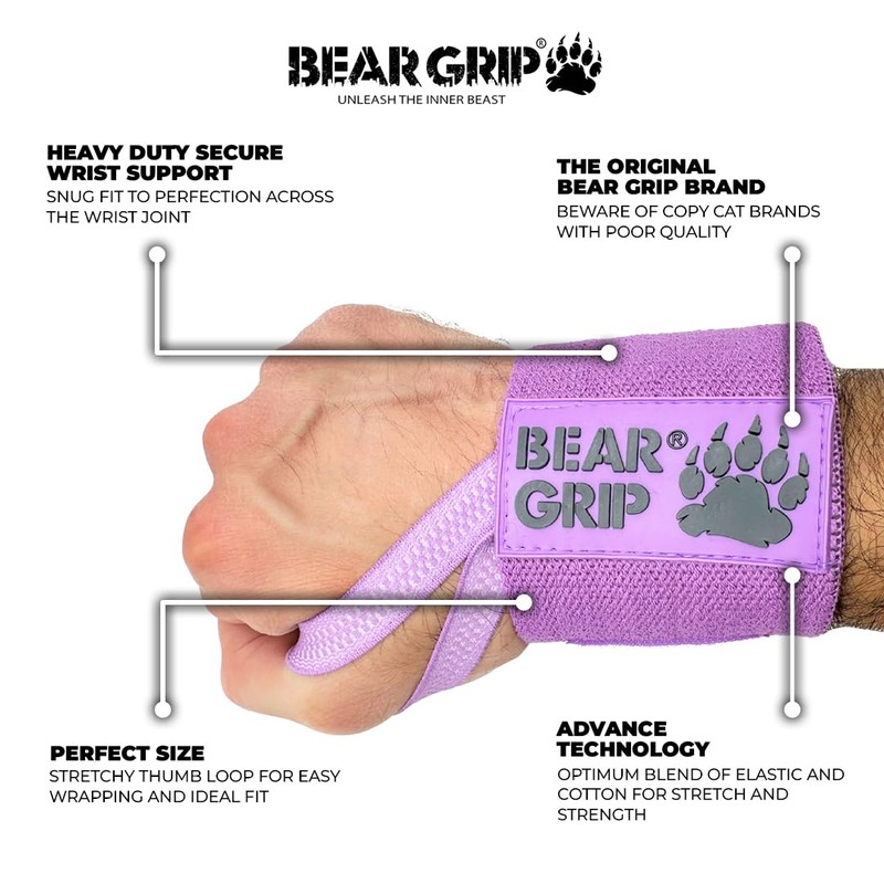 BEAR GRIP - Weight Lifting Wrist Support Bands (Pastel Purple)