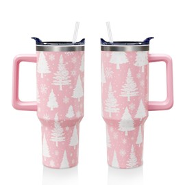 Aokoyi White Christmas Trees 40oz Tumbler Cup with Handle and Straw, Retro Xmas Snowflake Gifts for Women Girls, Winter Holiday Stainless Steel Water Bottle 1PC