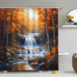 Fall Forest Waterfall Shower Curtain Jungle Autumn Maple Tree Rainforest Lake Stone Stream Hunting Nature Scenery River Watercolor Bathroom Curtain Set Polyester Fabric Hook 70 X 70 Inch