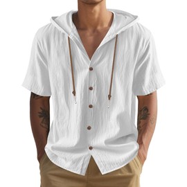 QOSOQ Men's Cotton Linen Shirts Short Sleeve Casual Sweatshirts Button Down Summer Beach Shirts with Hoodies (US, Alpha, Small, Regular, Regular, White)
