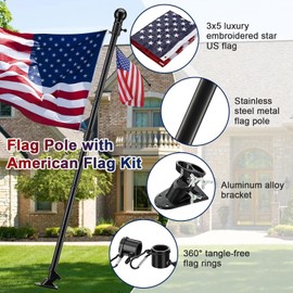 Barcetine Flag Pole for House with American Flag-Black Flagpoles Residential Kit with 5FT Tangle Free Metal Flag Poles,3x5 Embroidered US Flag and Holder Bracket,Stainless Steel for Outside Porch,Outdoor,Boat