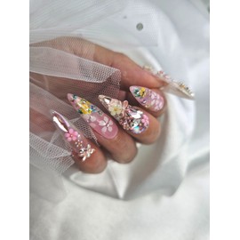 ❣️ Stancil flower handmade nail tip ✨ - Short ballerina / ❣️ 스탠실 꽃 수제네일팁 ✨ - 숏발레리나