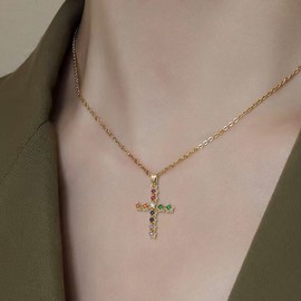 Agriajun Rainbow Star Gold Cross Pendant Necklace for Women - Daily Essential Link Chain Catholic Stainless Steel Hypoallergenic Valentines Family Jewelry