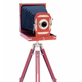 Antique Style Retro Vintage Look Wooden Film Camera Modern Adjustable Brown Tripod Stand Royal Designer Old Movie Prop Rustic Folding Camera Corner House Decorative Collection Item