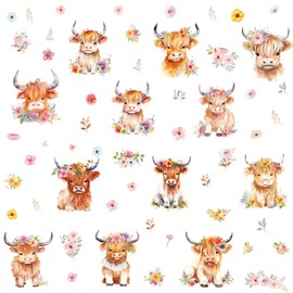 Umimiss Highland Cow Wall Art - Watercolor Highland Cow Wall Stickers, Christmas Decorations, Animal Waterproof Scottish Decor,Animal Flower Stickers for Children's Room Bedroom Window Toilet Nursery