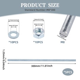 Threaded Rod M8, Pack of 5, Galvanised Threaded Rods, Carbon Steel, M8 x 300 mm with Metric Full Thread with Nuts and Washers