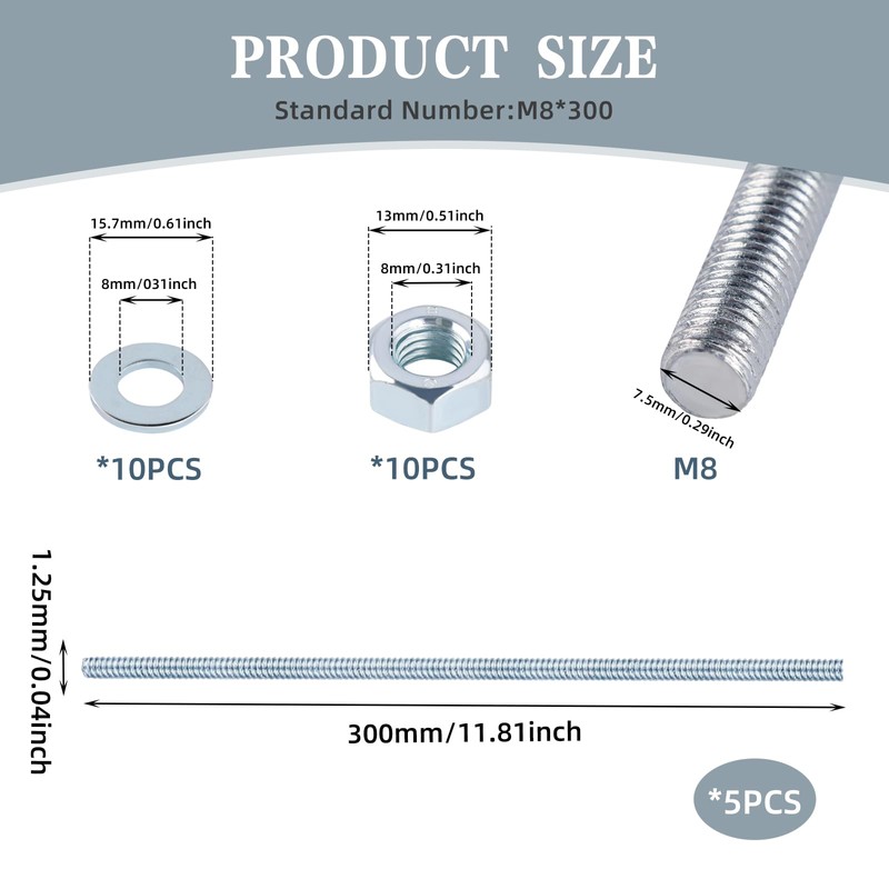 Threaded Rod M8, Pack of 5, Galvanised Threaded Rods, Carbon