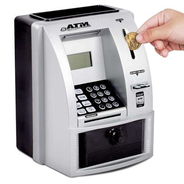 Smart Novelty ATM Piggy Bank for Real Money - Mini ATM Machine to Teach Children Money Management - Versatile ATM Bank for Kids - Can Read USD, Yen, Yuan, and Euro - for 6+ Years Old