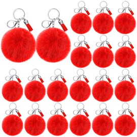 Nosiny 20 Pcs Cheer Faux Pom Pom Keychain Gifts Bulk with Tassel Cheerleading Keyring Charm Gift Cheer Team Sport Accessory(Red)