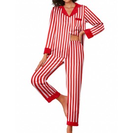Ekouaer Silk Pajamas Striped Animal Print Satin Pj Sets Button Down Long Sleeve Silky Pjs Sleepwear Loungewear for Women Red and White Stripes Medium